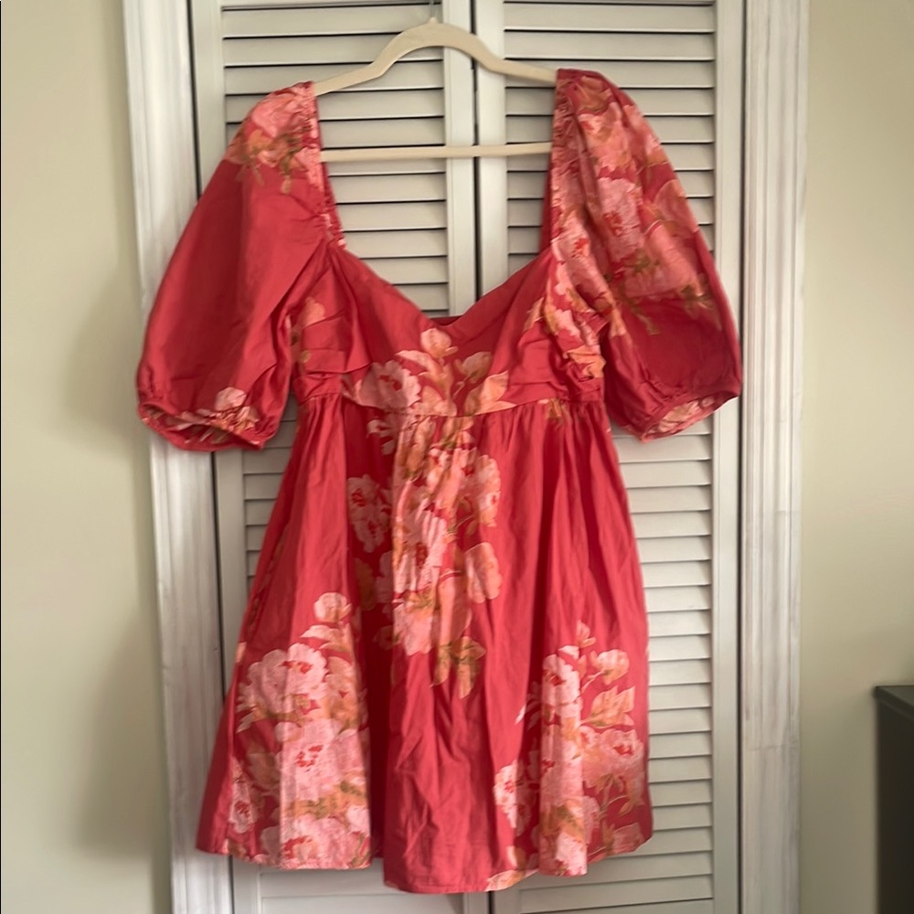 Floral Puff Sleeve Dress in Coral and Pink